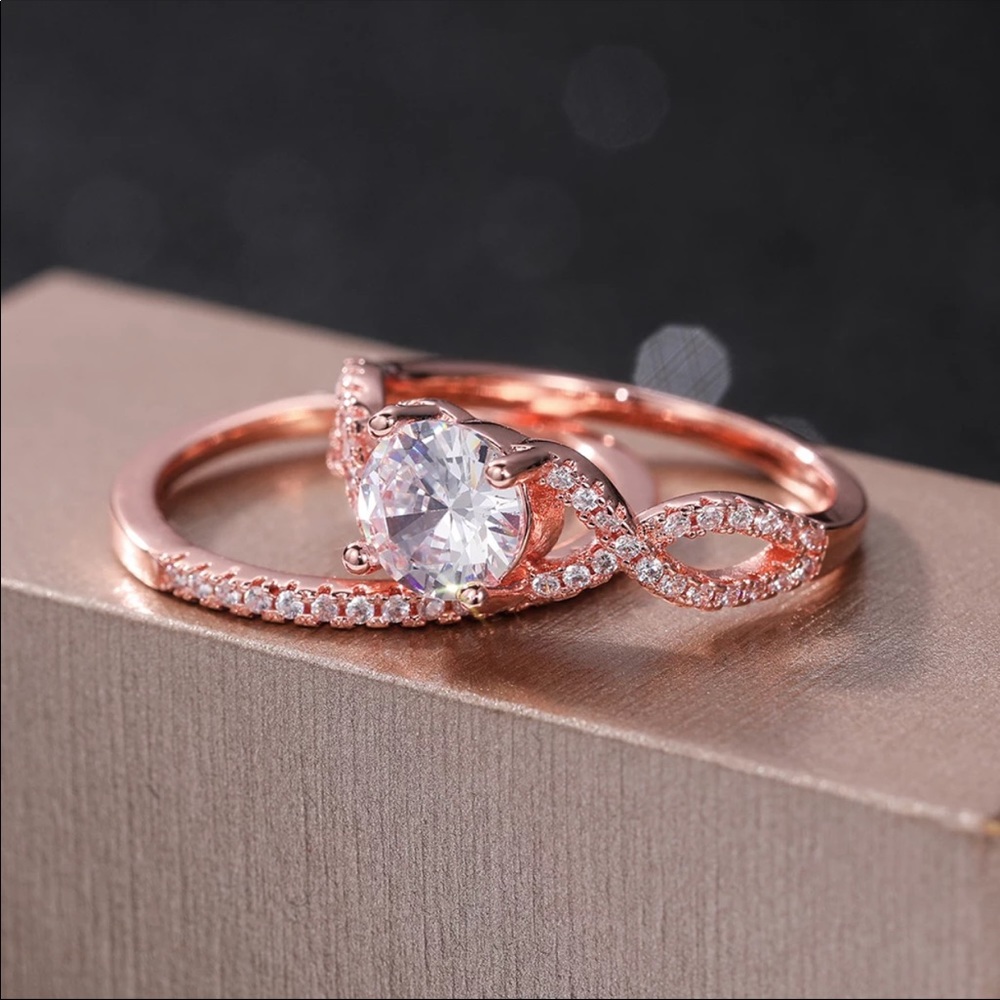 New Lovely 2 Pc Set Rose Gold Plated Diamond Ring - Picture 2 of 6